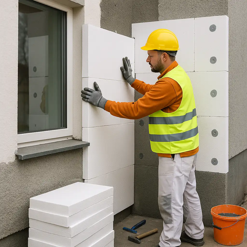 Handwerker bei der Installation einer Fassadendämmung